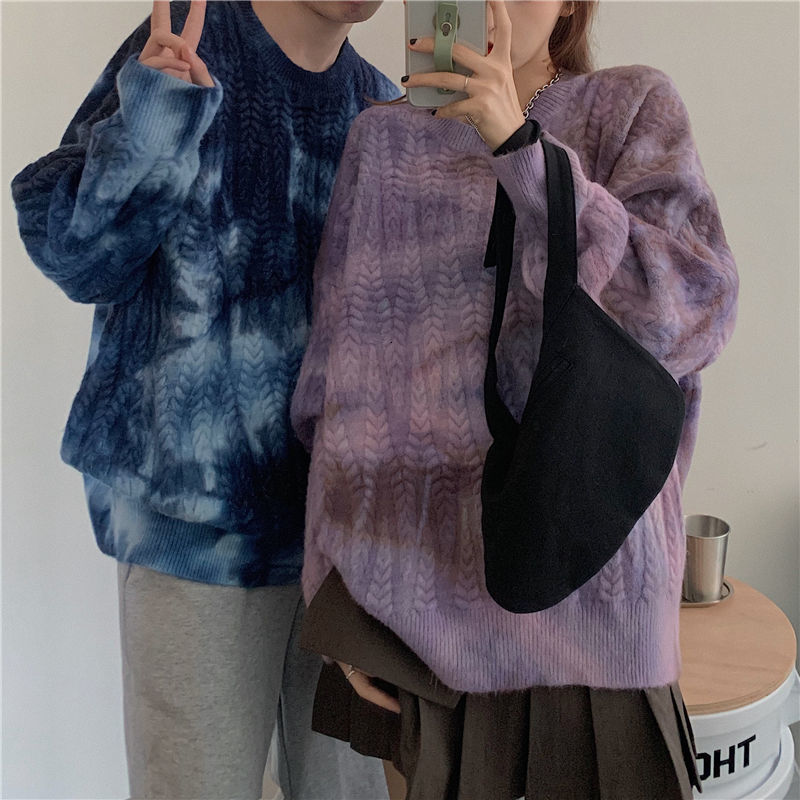 

2021 New Autumn and Winter Tie-dye Sweater Men's Warmth Fashion Retro Casual Knitted Pullover Men Loose Korean Couple Knitting Sweaters 34u4, Purple