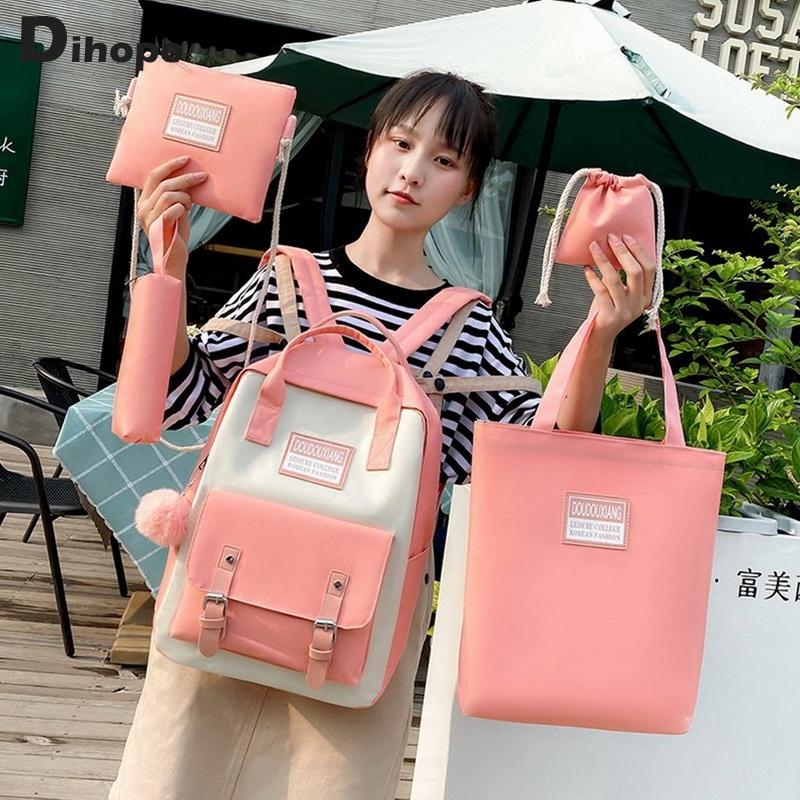 

School Bags 5Pcs /Sets Female Backpack 2021 Canvas For Teenage Girls Women Trend Nylon Rucksuck Child Students, 4pcs-pink