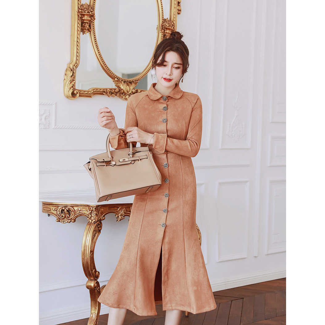 

Autumn Winter Outfi Bodycon Dress Socialite Lapel Single-Breasted Suede Slim Long Mermaid Dresses Womens Clothes 210608, Brown