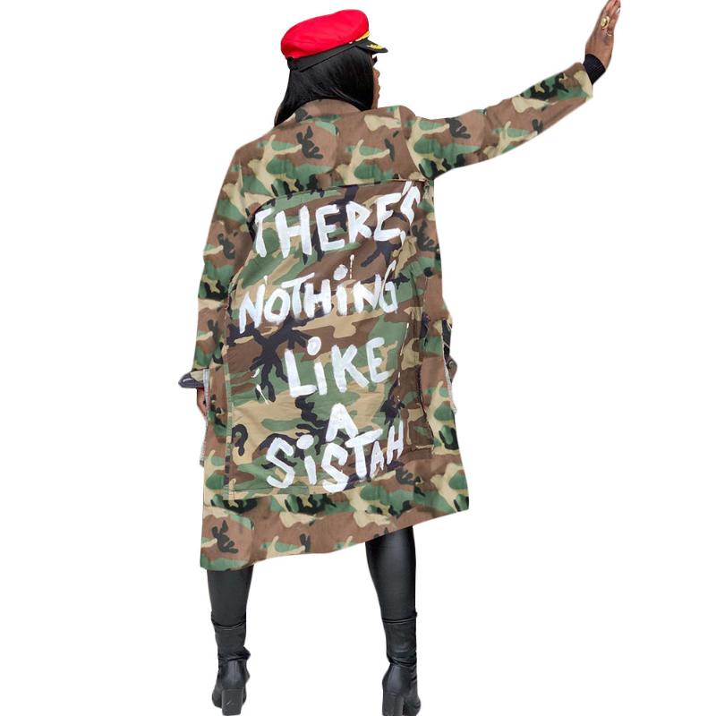 

Women' Trench Coats Plus Size Long Jackets Streetwear Army Green Camouflage Printing Letter Loose Overcoat Female Outwear, Mint