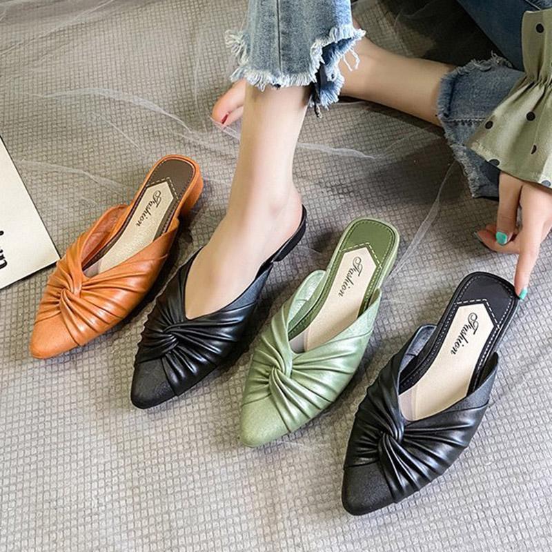 

Plus Size 41 Women Slippers Pointed Toe Mules Casual Shoes Orange Slip on Pleated Slides Woman Flat Slipper zapatos mujer 9024N, Green