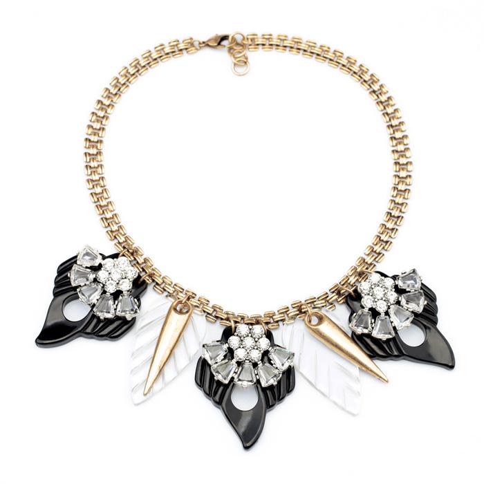 Pendant Necklaces Fashion Black White Acrylic Leaves Pendants Necklace For Women Clear Glass Flowers Figaro Chain Statement-image-703399200