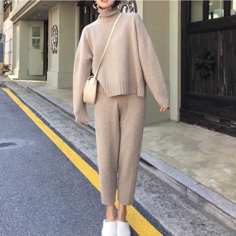 

Autumn Winter knitted tracksuit turtleneck sweatshirts women clothing 2 piece set knit pant female pants 210526, Picture color