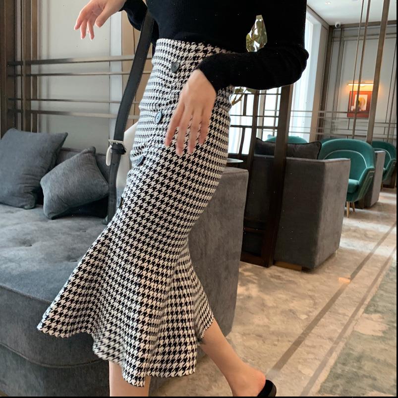 

knitted autumn fashion mid women skirt length high waist slimming hip casual fishtail, Black