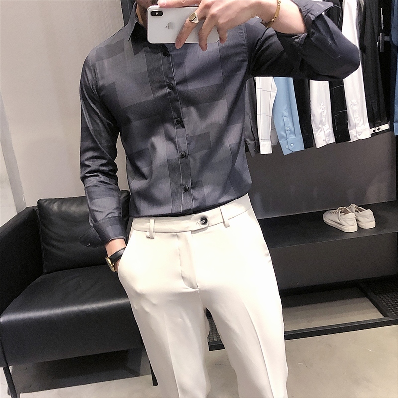 

New Alta Qualidade Simples Padro Geomtrico Dos Homens Vestido Camisas De Manga Longa Moda 2021 Primavera Nova Magro Ajuste Formal Wear 2uae, Light gray