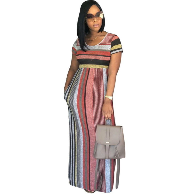 

2021 New Women's Sexy Short Sleeve Stripe Color Maxi Long Clubwear Party Es Vestidos Wlx6, Multicolor