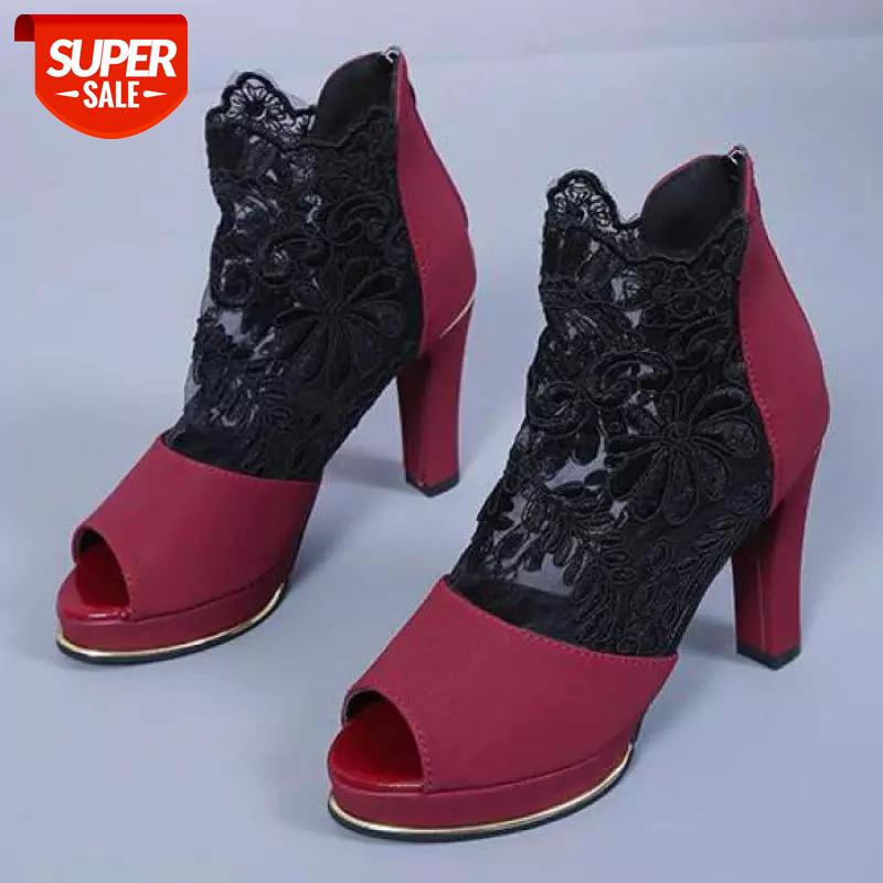 

2020 Sexy Prom Wedding Shoes Sandals With Coarse Heels Spring And Summer New European American Waterproof Mesh Gauze Shoes #II7w