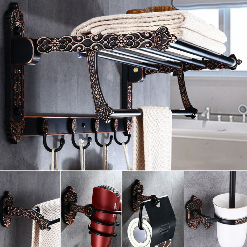 

2021 New Hardware Set Carved Shelf Towel Rack,paper Holder Toilet Brush Holder,hooks,black Aluminum Bathroom Accessory Xoau