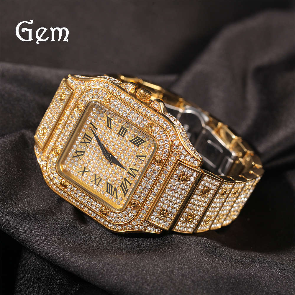 

Hip hop Roman scale quartz watch fashion full diamond square dial men's Watch