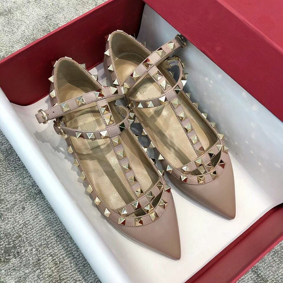 

Top Luxury Summer Rock Stud Women Sandals Pointed Toe Lady Strappy Ballerina Caged Rivets Ballet Flats Ankle Strap Party Wedding EU35-43, Black