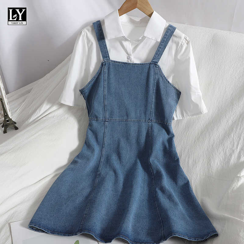 

LY VAREY LIN Summer Women Casual Lapel Shirt Tops+ Sweet Denim Suspender Dresses Two Piece Suit Female 210526, Blue
