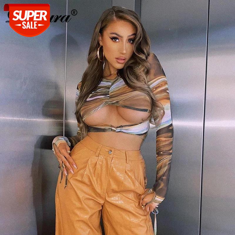 

Dulzura Tie Dye Print Women Mesh Long Sleeve T Shirt Crop Top Hollow Out Lace Up See Through Sheer Sexy Club 2021 Spring Summer #Ej2S, White