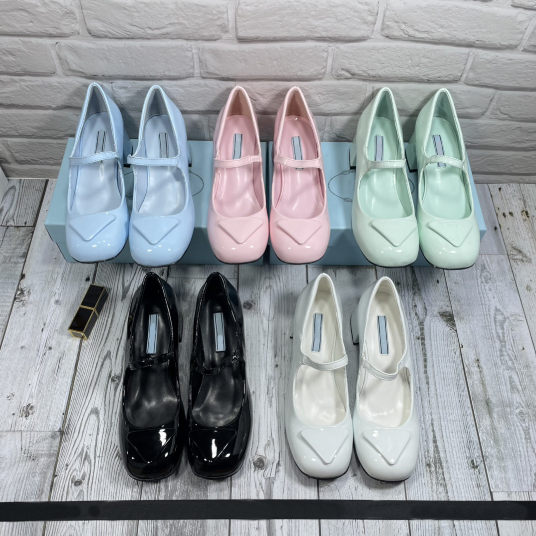 

2022 spring Thick heel Mary Jane Dress Shoes Women Pumps triangle Mid-heel Slingback Sandals Designers Real Leather Shoes 4.5cm High Heels Sandales Espadrilles, Blue 1