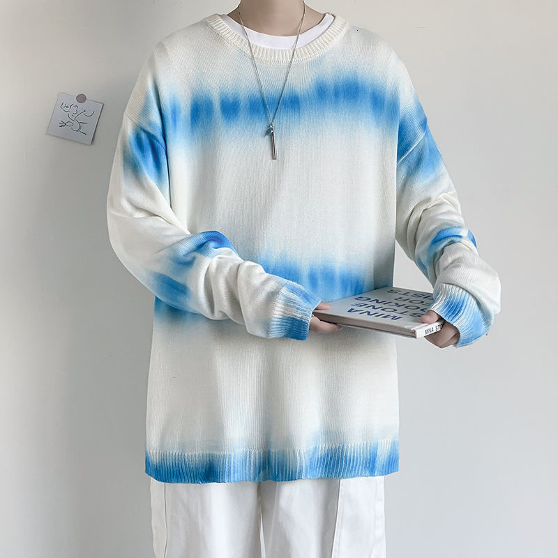 

2021 New Tie-dye Sweater Men's Warm Fashion Retro Casual Knitted Pullover Men Wild Loose Korean Knitting Sweaters Mens Clothes M-3xl Wh8a, Gradient blue