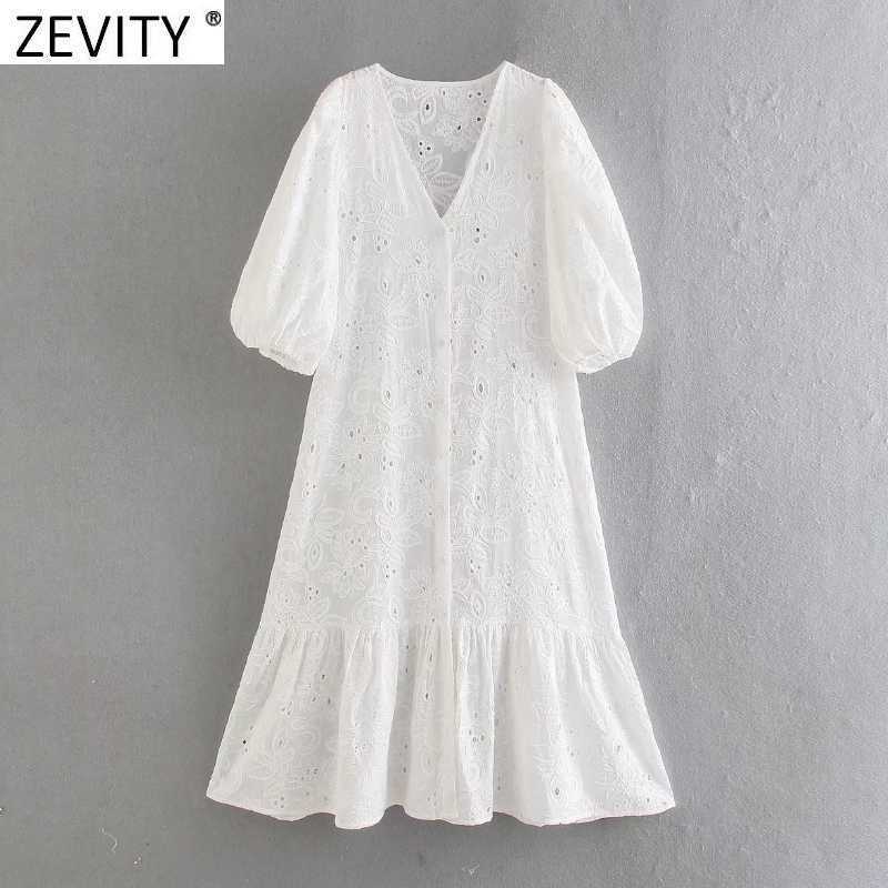 

Zevity Women Elegant Hollow Out Embroidery Casual White Shirtdress Female Lantern Sleeve Hem Ruffles Vestido Chic Dresses DS8172 210603, As pic ds8172cc