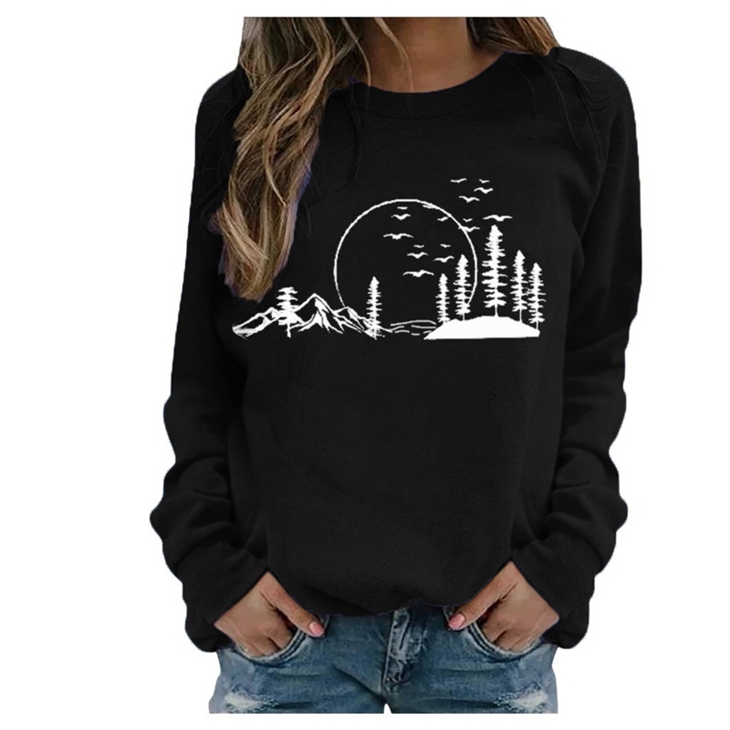 

2021 new print casual loose fitting Pullover long sleeve women's top, Black
