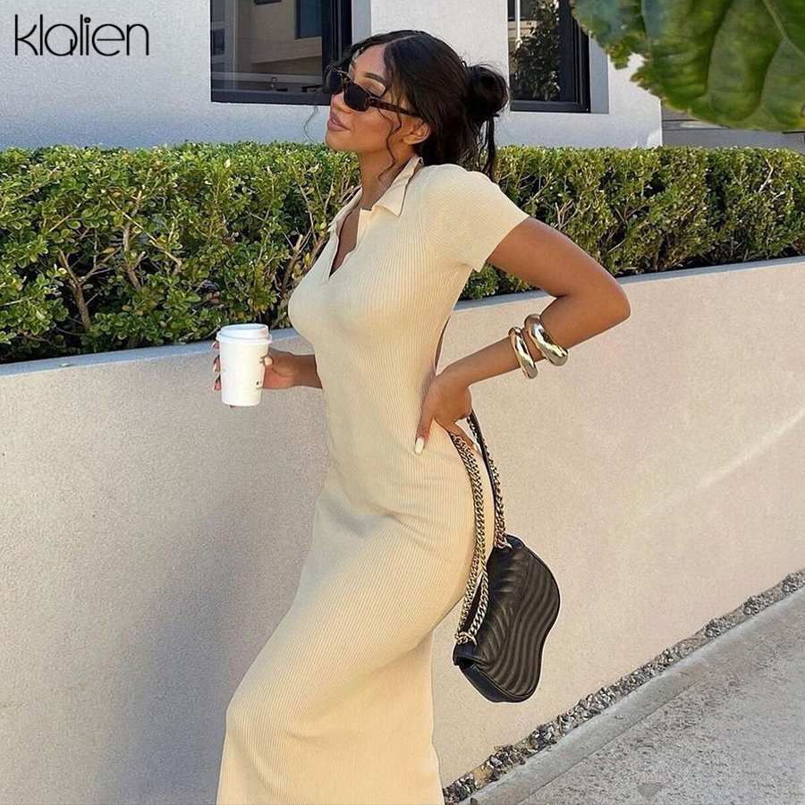 

women summer short sleeve turn-down collar solid rib knit long dress simple elegant office lady streetwear female, Black;gray