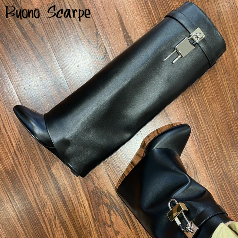 

Boot Genuine women's boots with shark buckle high quality pointed wedge shoes black heel design knee style 0903, New lock shorts