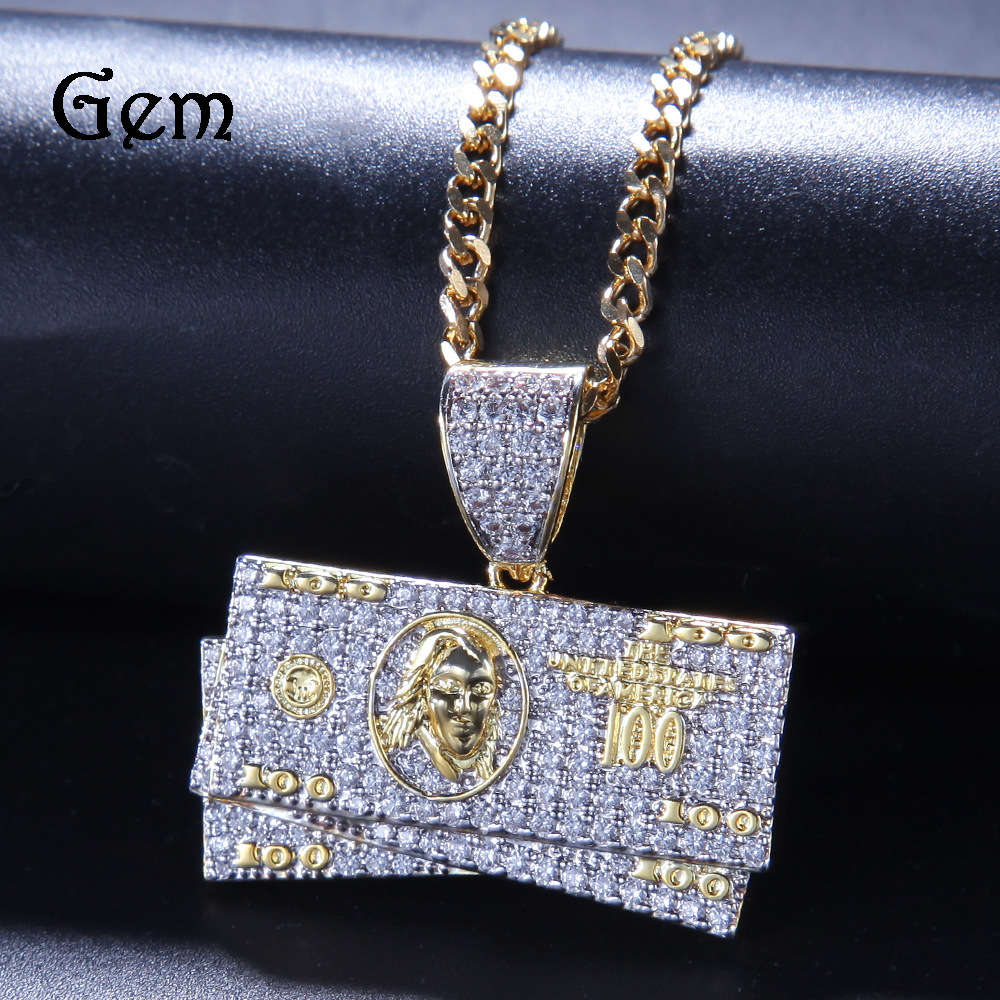 

Hip hop men's jewelry two color electroplating micro inlaid zircon dollar bill pendant Street jewelry