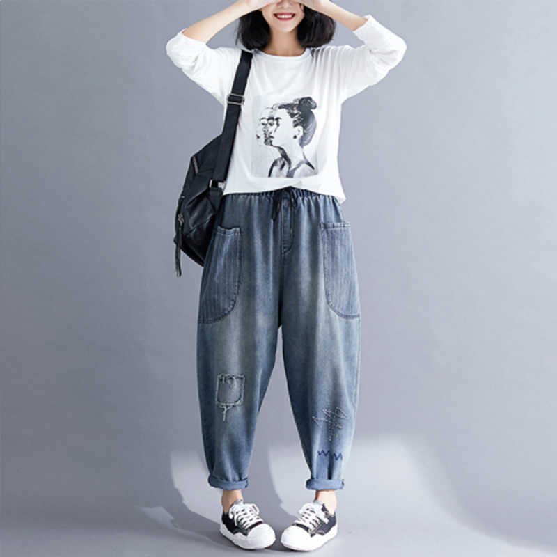 

Autumn Arts Style Women Elastic Waist Vintage Embroidery Jeans Big Pocket Patchwork Loose Denim Harem Pants Plus Size S501 210608, Blue