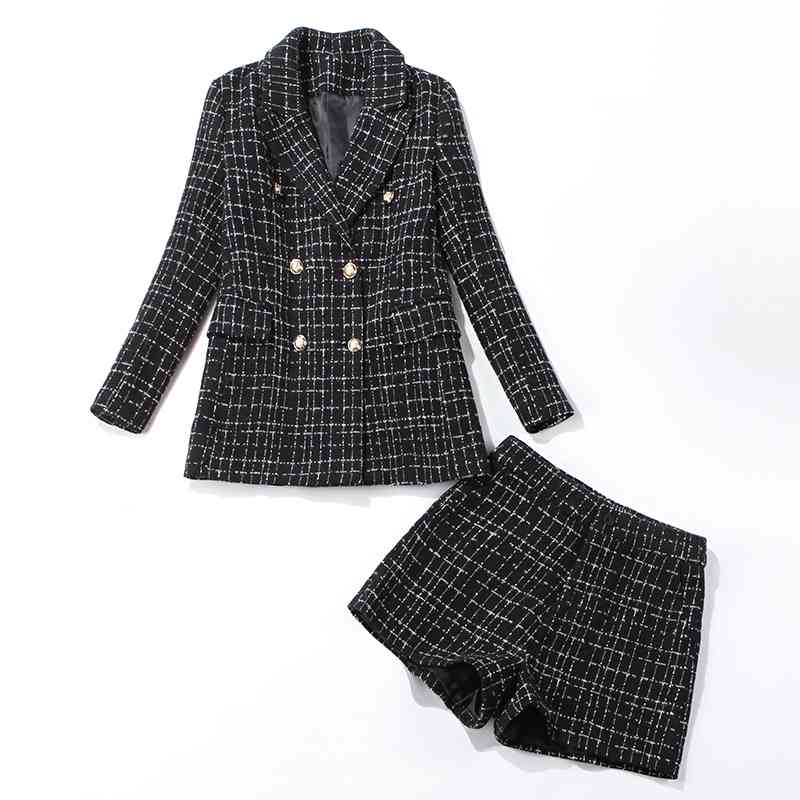 

Winter temperament women's suits pants set Stylish slim double-breasted plaid ladies jacket Office casual shorts suit two-piece 210527