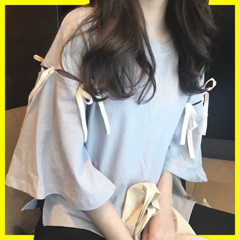 

Women's short-sleeved t-shirt trendy girlfriends women's Korean summer preppy style Harajuku off-shoulder beautiful top 210526, 901 light blue