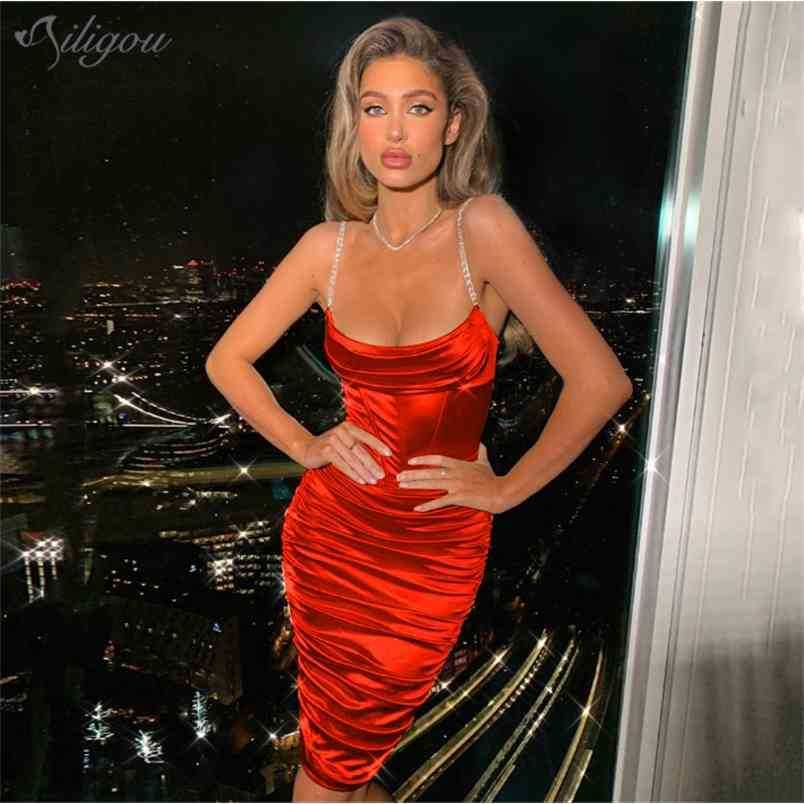 

Red Beige Pleated Strap Tights Dress Ladies Midi Diamond Sexy Party Strapless Summer Vestidos 210525, Brown