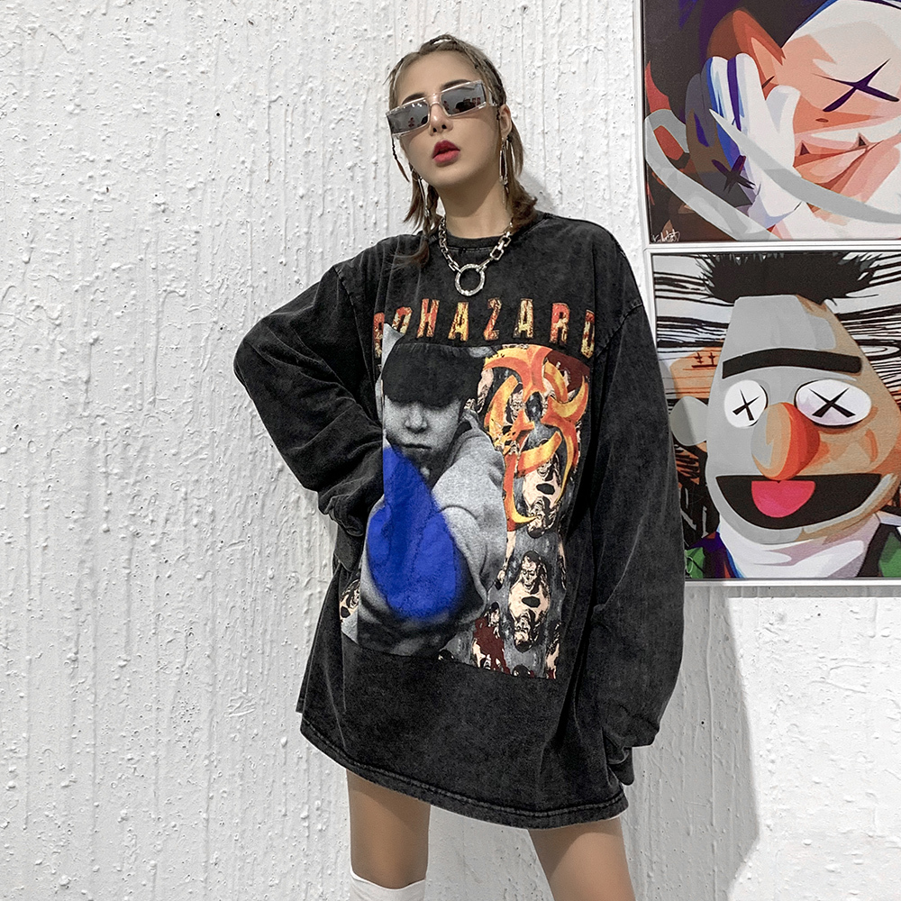 

2021 New Purple Long Sleeve Punk Goth Clothes Womens Tshirt Gothic Shirts Oversized Streetwear Women Fashion Trend Clothing Winter Z3qk, Black