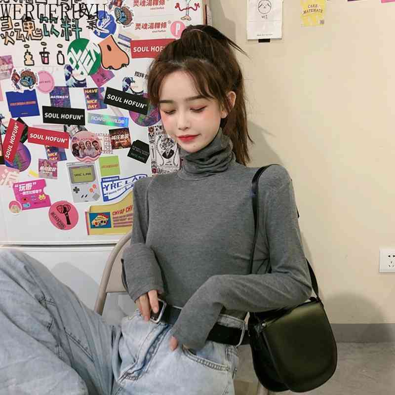 

WERUERUYU Autumn High Collar Bottoming Shirt Female Long-sleeved T-shirt Solid Color Korean Women's Warm Slim Female Wild Shirt 210608, Photo color