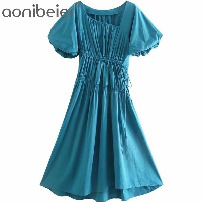 

Drawstring Shirred Detail Lantern Sleeve Women Casual Long Dress Asymmetric Neck Female Swing Midi Dresses 210604, As shown