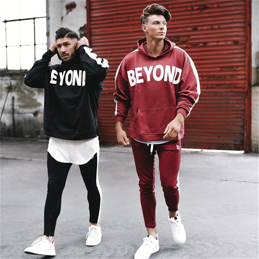 

Suit Men Sports Suits Running Set Men Gym Sportswear Tracksuit Fitness Bodybuilding Mens Hoodies+Pants Sport wear Male Clothing, Beige white