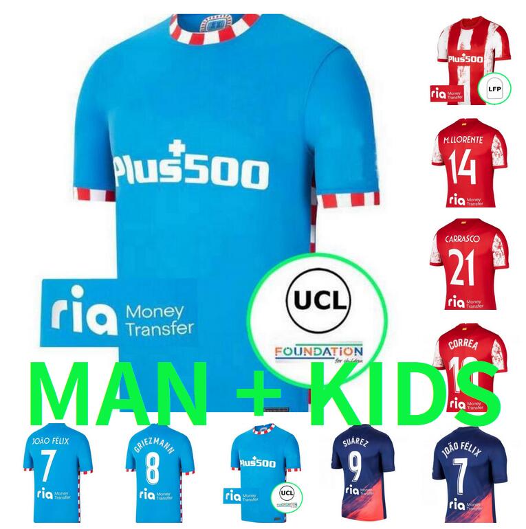 

21 22 Atletico Soccer Jerseys Madrid JOAO FELIX SUAREZ 2021 2022 CARRASCO CORREA KOKE SAUL VITOLO camiseta de fútbol HERRERA Football Shirt Mens Kids Kit