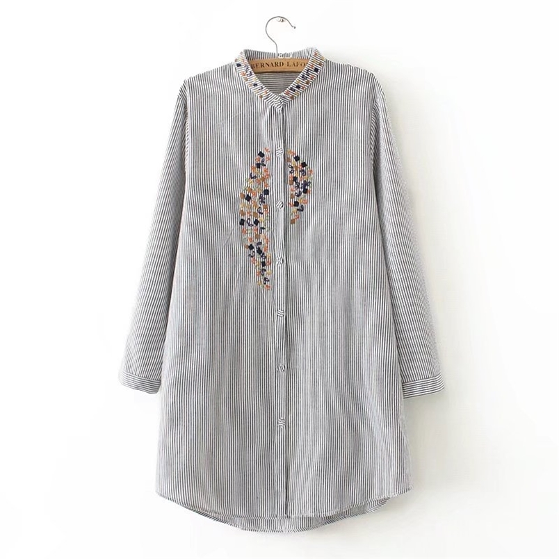 

Women Elegant Plus Size Top Embroidery Long Shirts Striped Full Cotton Sleeve Loose Blouse Stand Collar Casual Blusas Femm 210831, Black