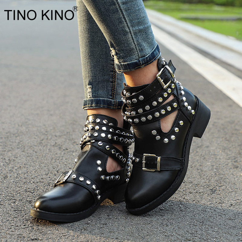 

2021 New Women Rivet Ankle Boots Buckle Strap Gladiator Ladies Punk Motorcycle Short Boot Womens Shoes Chunky Heels Tr62 89F7, Black