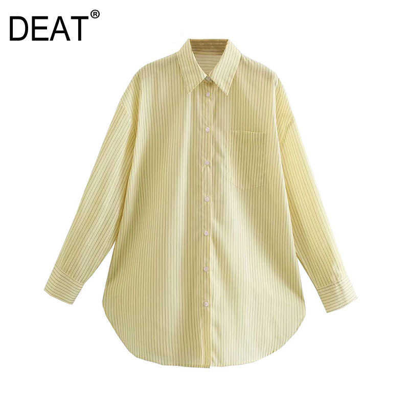 

[DEAT] Spring Autumn Street Style Turn-down Collar Long Sleeve Striped Single Breasted Loose Women Shirt 13C275 210527, Gold