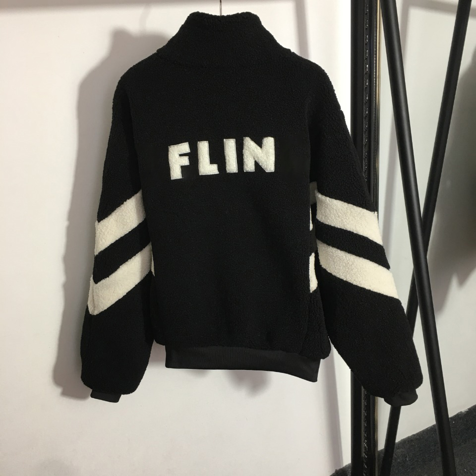 

Lambswool long-sleeved zipped jackets black designer Womens jacket thick Jacketswith embroidered letters on the back winter coat female tech fleece SIZE  m and L