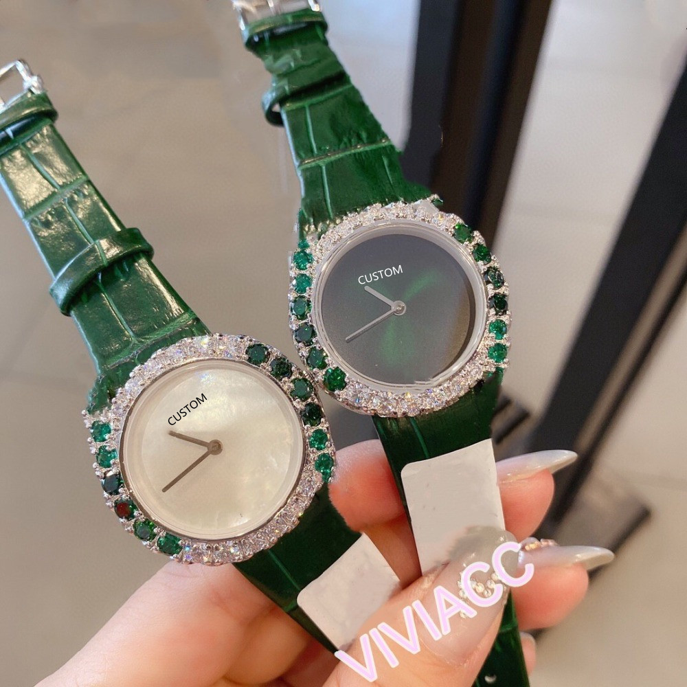 

famous brand geometric graphics Watches for women Genuine leather clock full crystal Green diamond Bezel Quartz Wrist watch 32mm, Silver full green