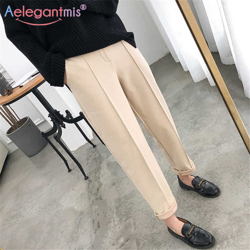 

Aelegantmis Winter Warm Thicken Women Suit Pants Casual Elastic Waist Pencil Plus Size Office Lady Long Trousers 210607, Black