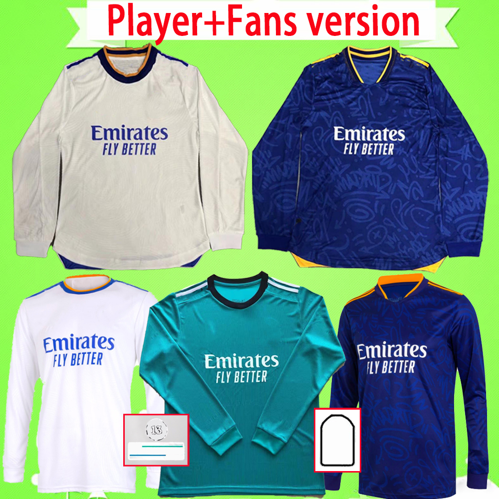 

Player + Fans version 2021 2022 Real madrid soccer jerseys Long Sleeve Full home away 3rd green camiseta Adult mens 21 22 BENZEMA football shirts HAZARD ALABA uniforms, Player 21/22 away