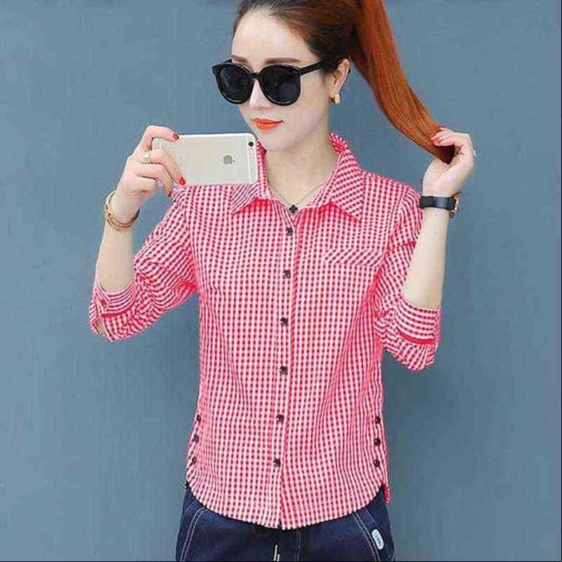 

chic early autumn checker women shirts long sleeve bottom office regular full button plaid df2257, White