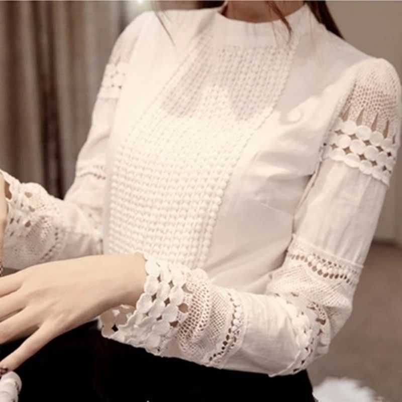 

ZAWFL High Quality Women Slim Bottoming Long-sleeved White Shirt Lace Hook Flower Hollow Plus Size S-4XL 210525