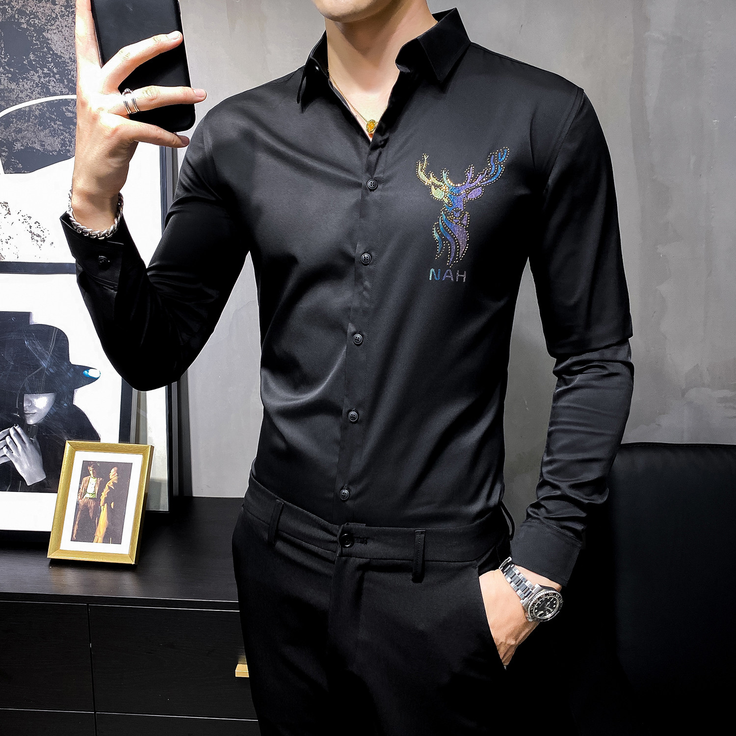 

2021 British Male Style Winter New Sleeve Long Casual Shirts for All Men Play Fine Adjustment Businessman's Working Shirt 3xl Zt8g, Black