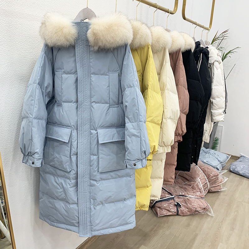 

2021 New Winter Jacket Women Big Natural Fur Hooded Long Parka Loose Streetwear 90% White Duck Down Coat Snow Warm Outwear 4v4r, Black