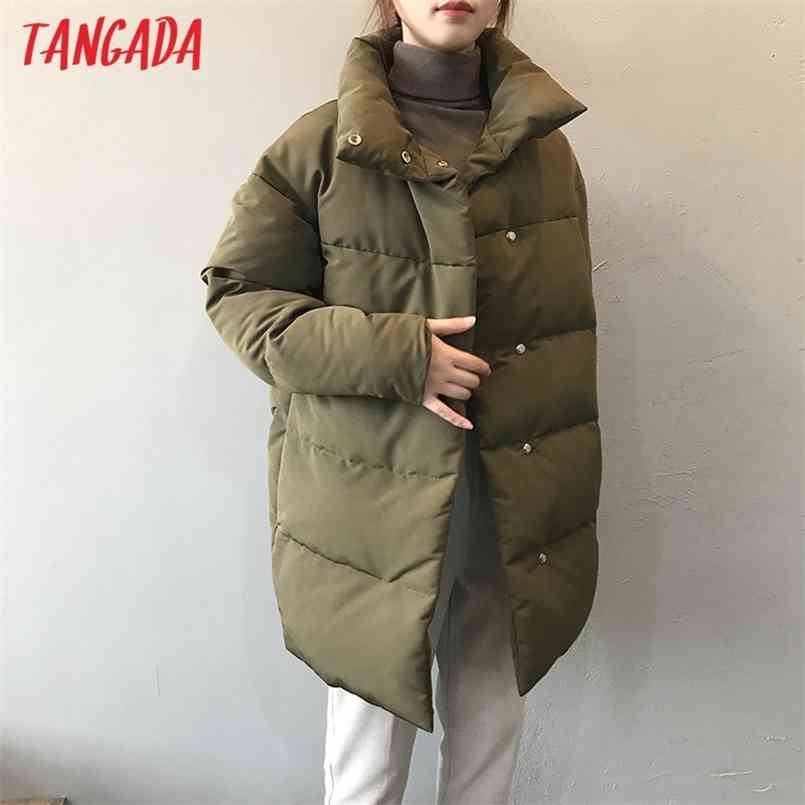 Tangada Women Amy Green Oversize Long Parkas Thick Winter Long Sleeve Buttons Pockets Female Warm Coat ASF73 210819
