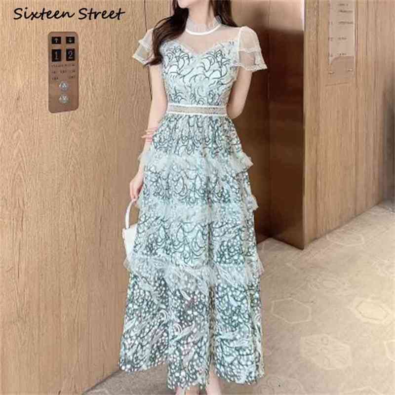 

Green Mesh Dress Woman Summer Lace Embroidery Elegant Party Female High Waisted O-neck Long es Vestidos 210603, Brown