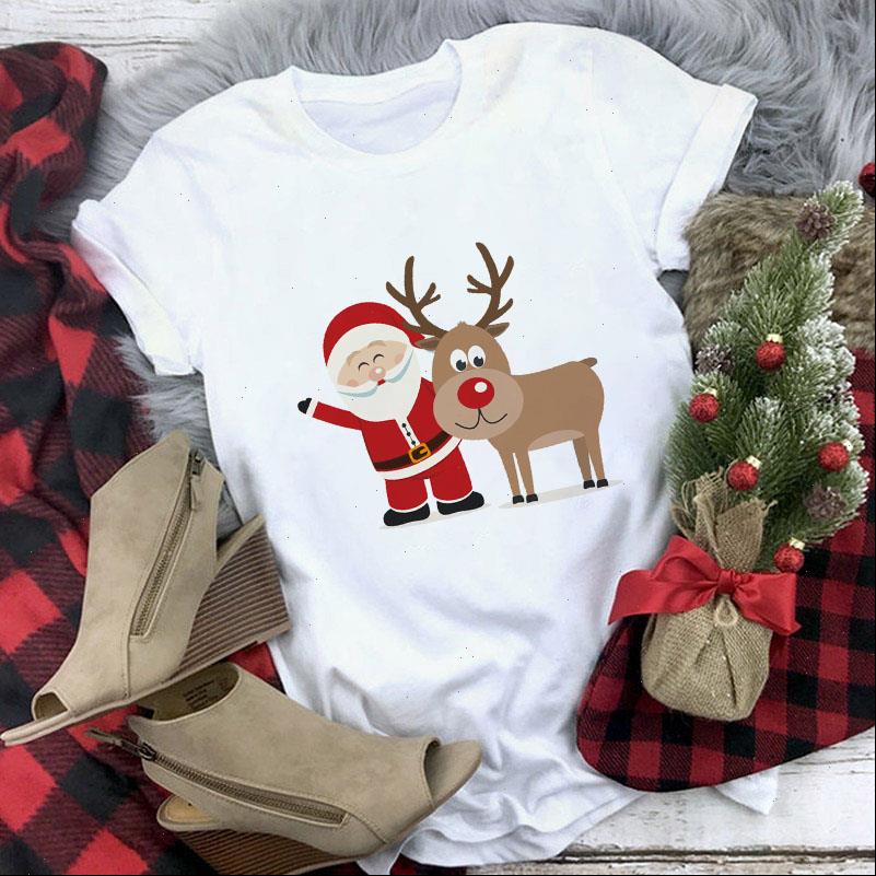 

santa claus and reindeer print white new year large size christmas basic tees harajuku loose graphic casual shirt tee