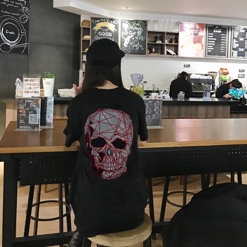 

2021 Short-sleeve with Black Cleavage Tops Women's Clothes New Shirt Diamond T-shirt Yzqy, As shown in the figure