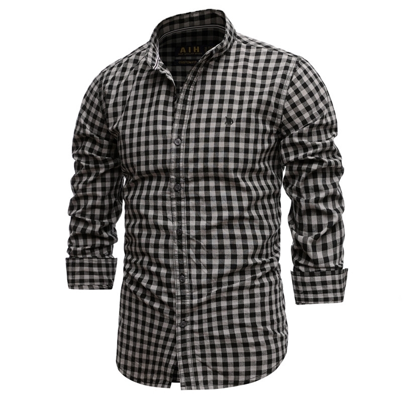

Spring 100% Cotton Plaid Shirt Casual Slim Fit Men Shirt Long Sleeve High Quality Men's Social Shirt Dress Shirts 210628, Black