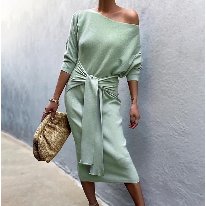 

Casual Dresses Mandylandy Green Lace-up Sweatshirt Dress Women Long Sleeve Off Shoulder High Waist Solid Color Lace Up Loose Midi