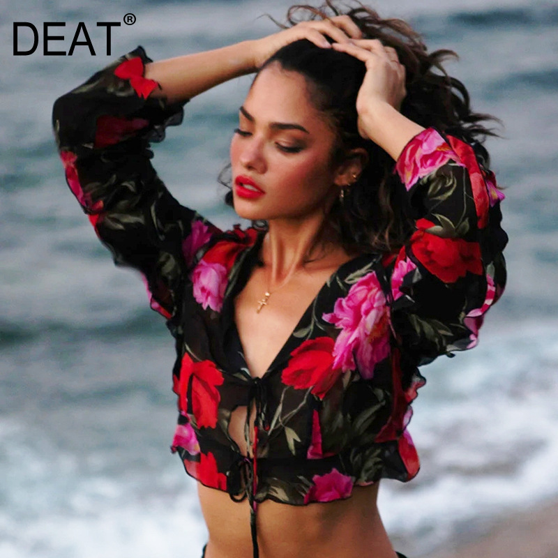 

Women Floral Chiffon Belt T-shirt Solid Color Turn-down Collar Long Sleeve Fashion Spring Summer 11D103 210525, Black